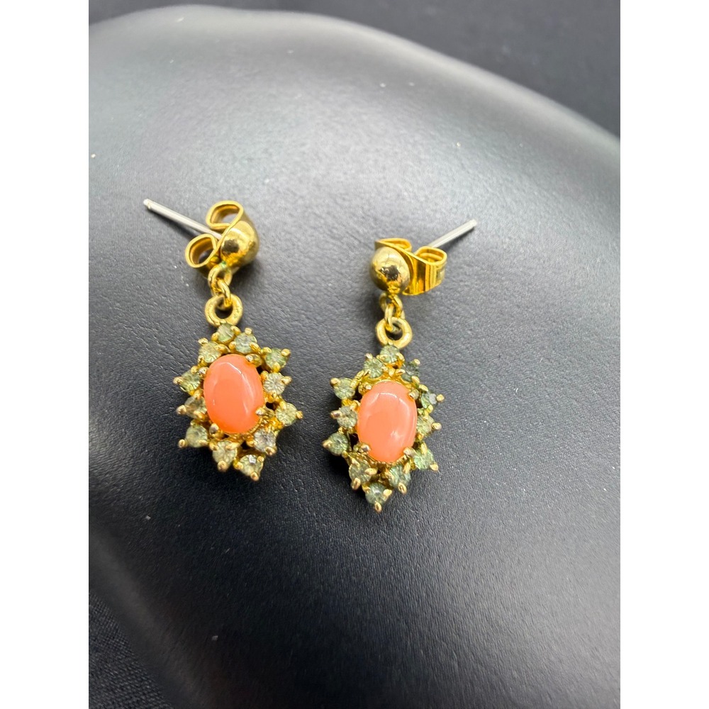 Vintage Style Gold Tone Coral Pink Cabochon Small Rhinestone Drop Earrings